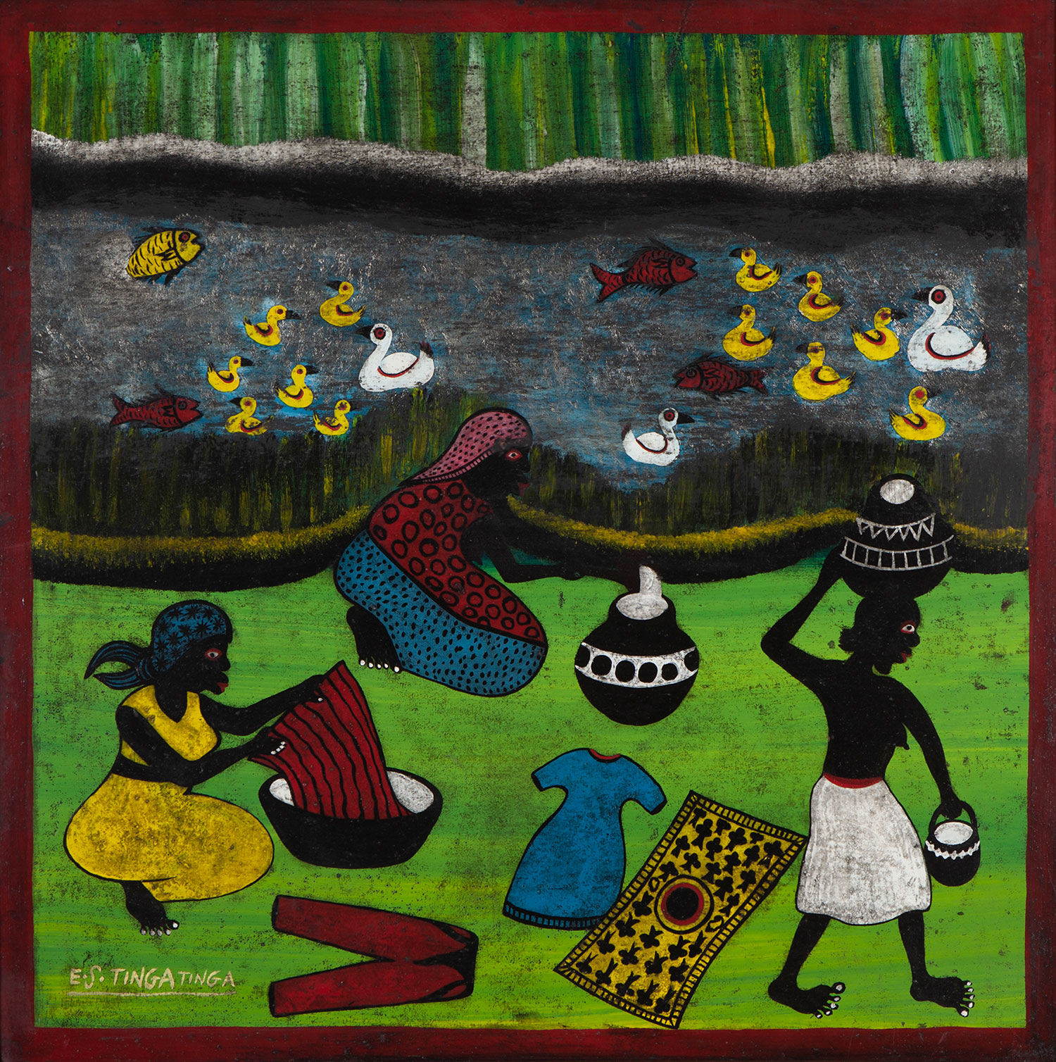 Lot 31 — E. S. Tingatinga, Untitled (Women washing Clothes by the Lake), between 1968 – 72