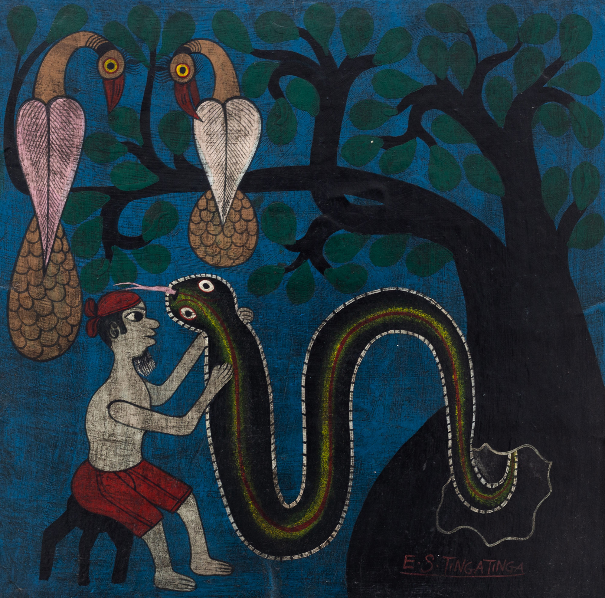 Lot 25 — Edward Saidi Tingatinga, Untitled (Two Birds a Snake