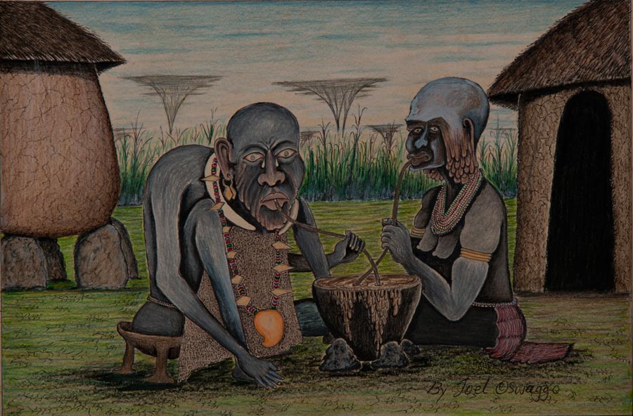 Lot 41 — Joel Oswaggo, ‘A man and his wife drinking their beer at the time of harvesting’