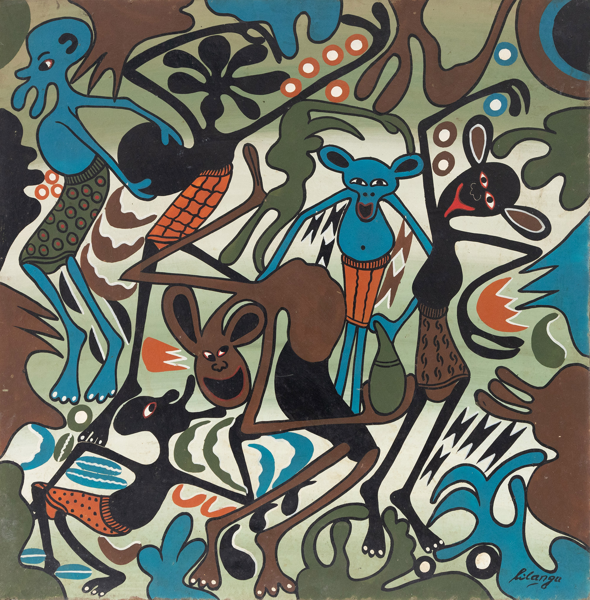 Lot 32 — George Lilanga, Title partially obscured verso (Utali Da..Ngoja Niku..), circa mid 1990s