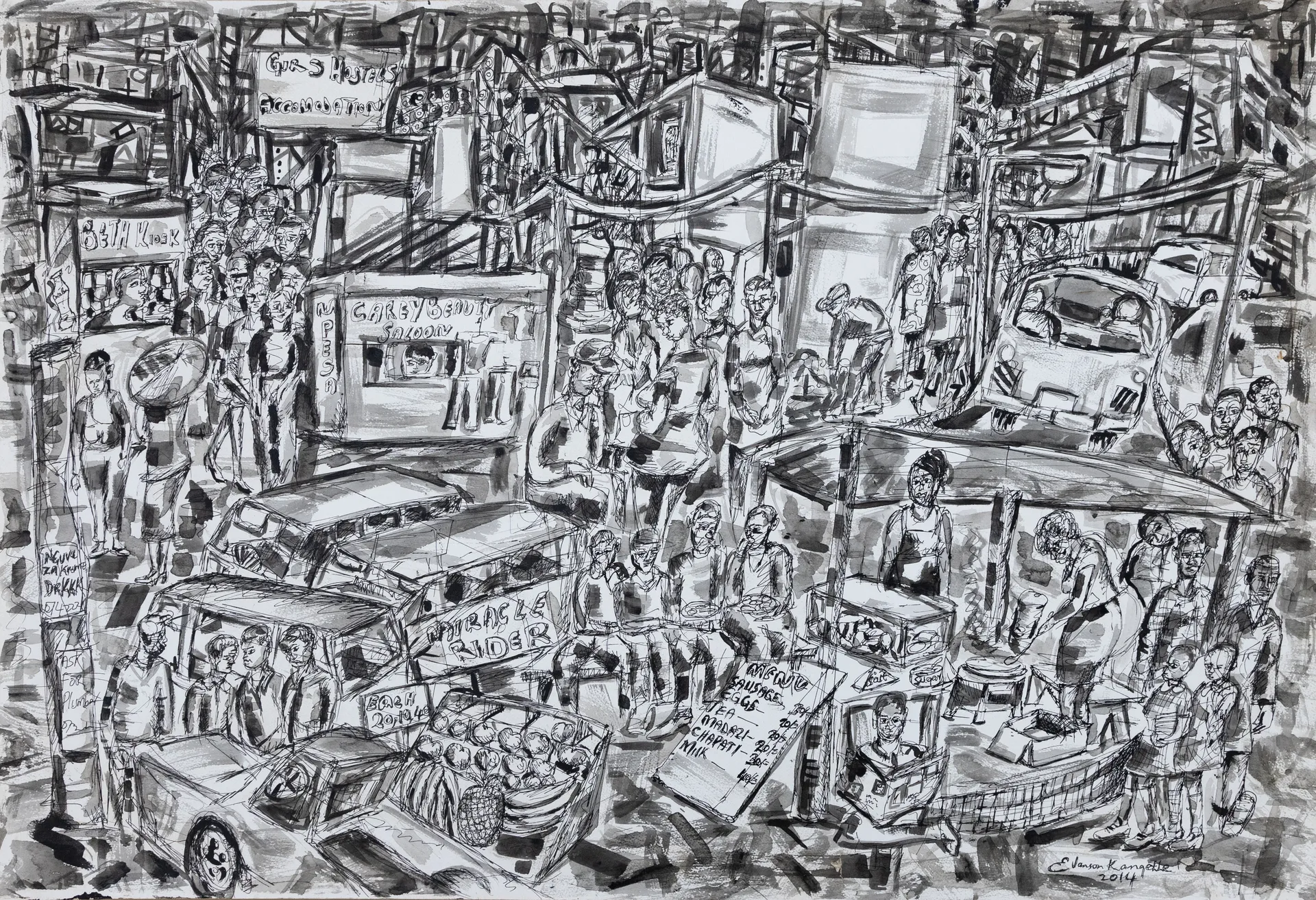Lot 12 — Evanson Kang’ethe, Bustling Street Scene with Vendors
