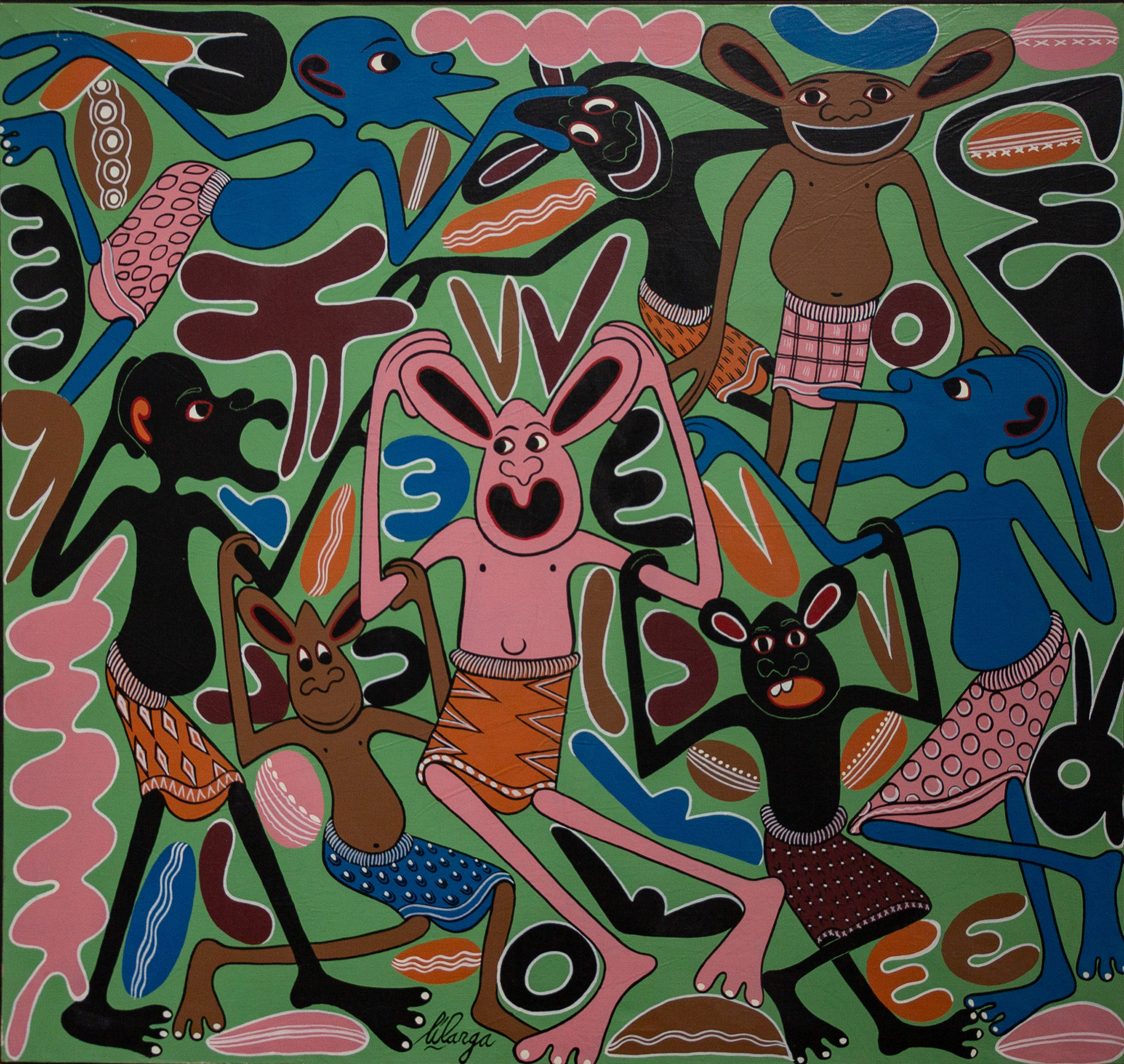Lot 55 — George Lilanga, Vijana wanafurahia baada ya kumuona Haki Tena (Young men rejoicing after seeing Justice again), undated