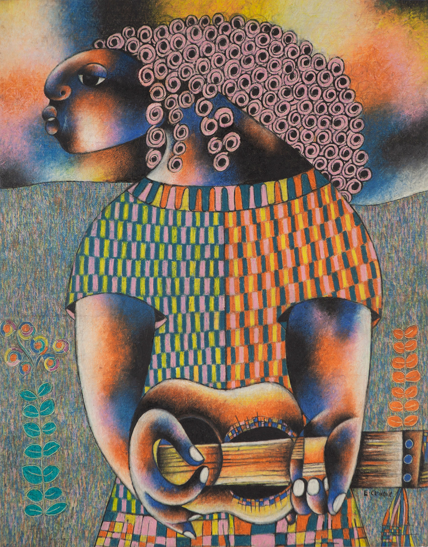 Lot 19 — Evarist Chikawe, Guitarist Lady, 2017Signed ‘E. Chikawe’ (lower right)