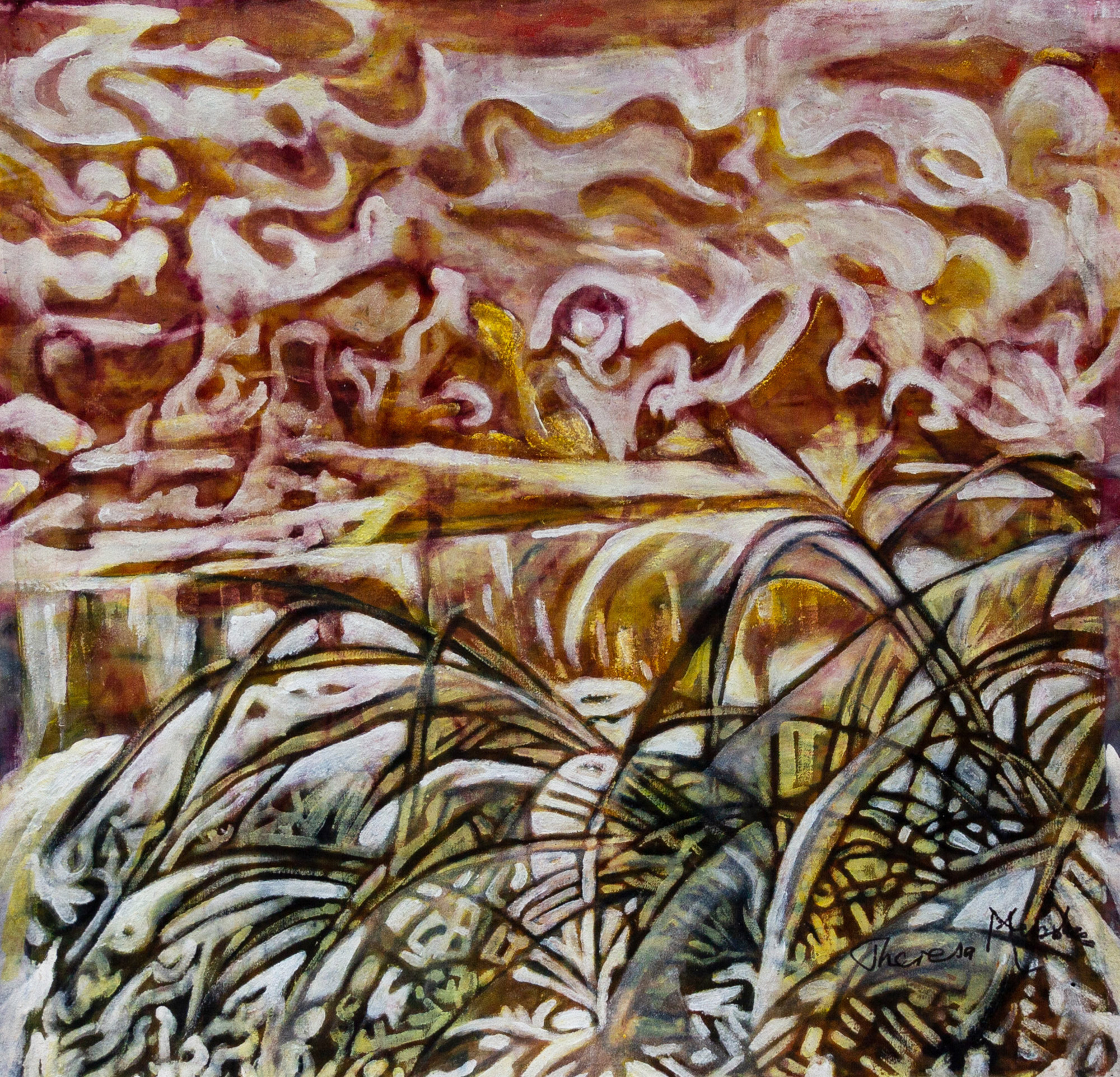 Lot 13 — Theresa Musoke, Untitled (Landscape in pink with papyri), circa 2000s
