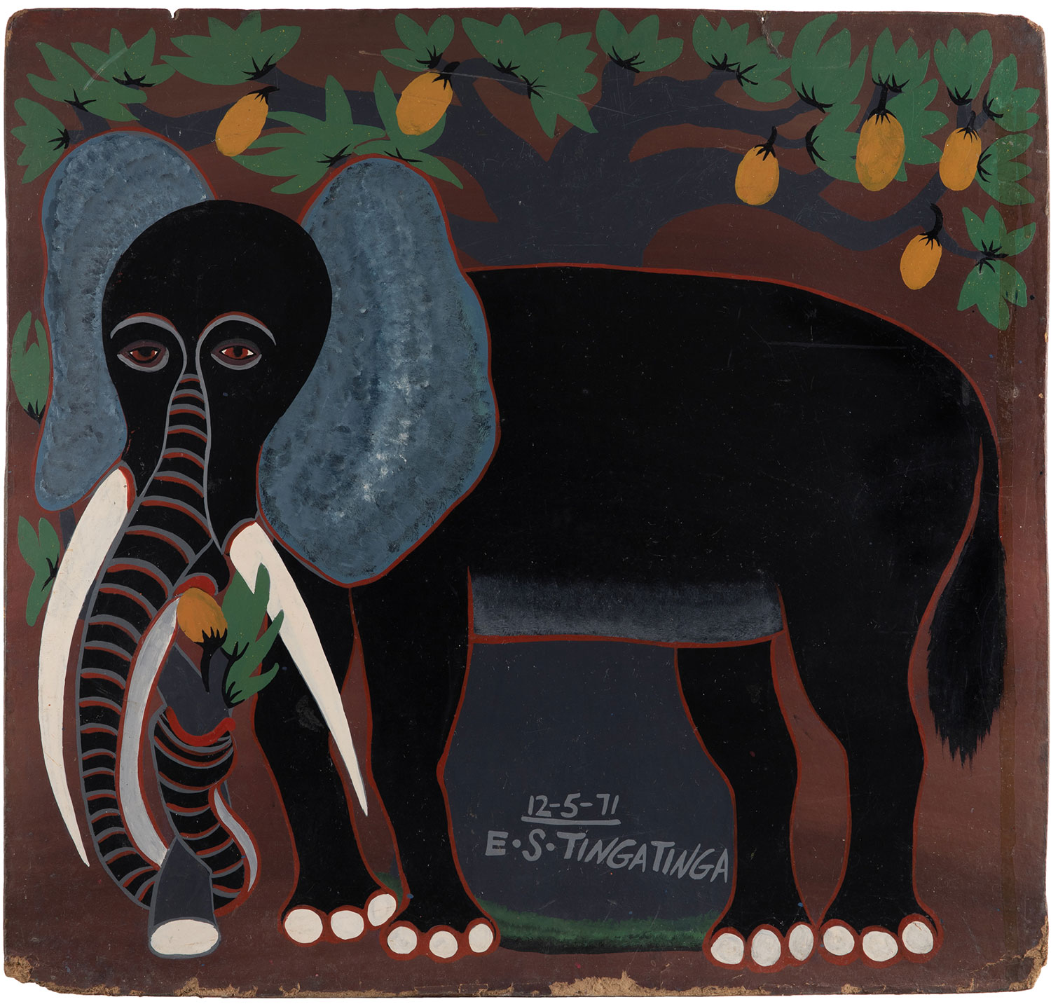 Lot 16 — Edward Saidi Tingatinga, Untitled, (Elephant Eating from the Marula Tree)
