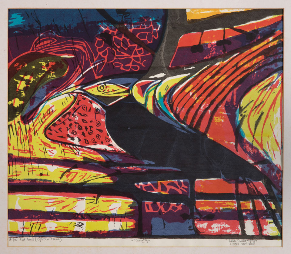 Lot 27 Bruce Onobrakpeya (Nigerian, born 1932) Red Bird (Ophran Isene), 2011, at the Art Auction East Africa 2019